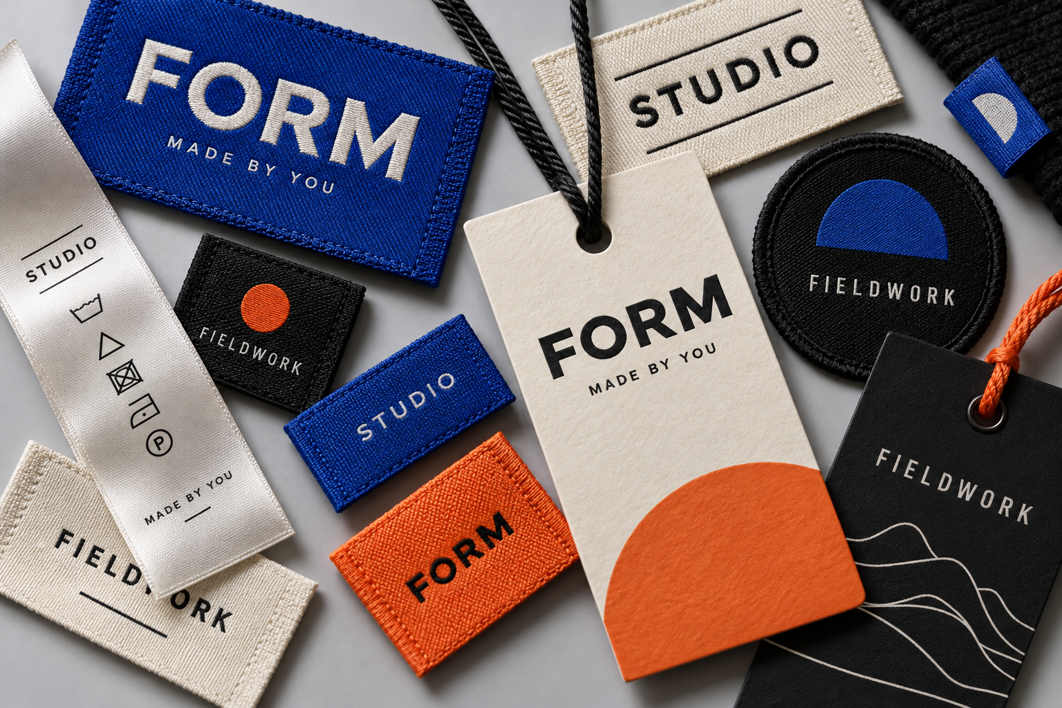 Collection of woven labels, care labels, hang tags and patches