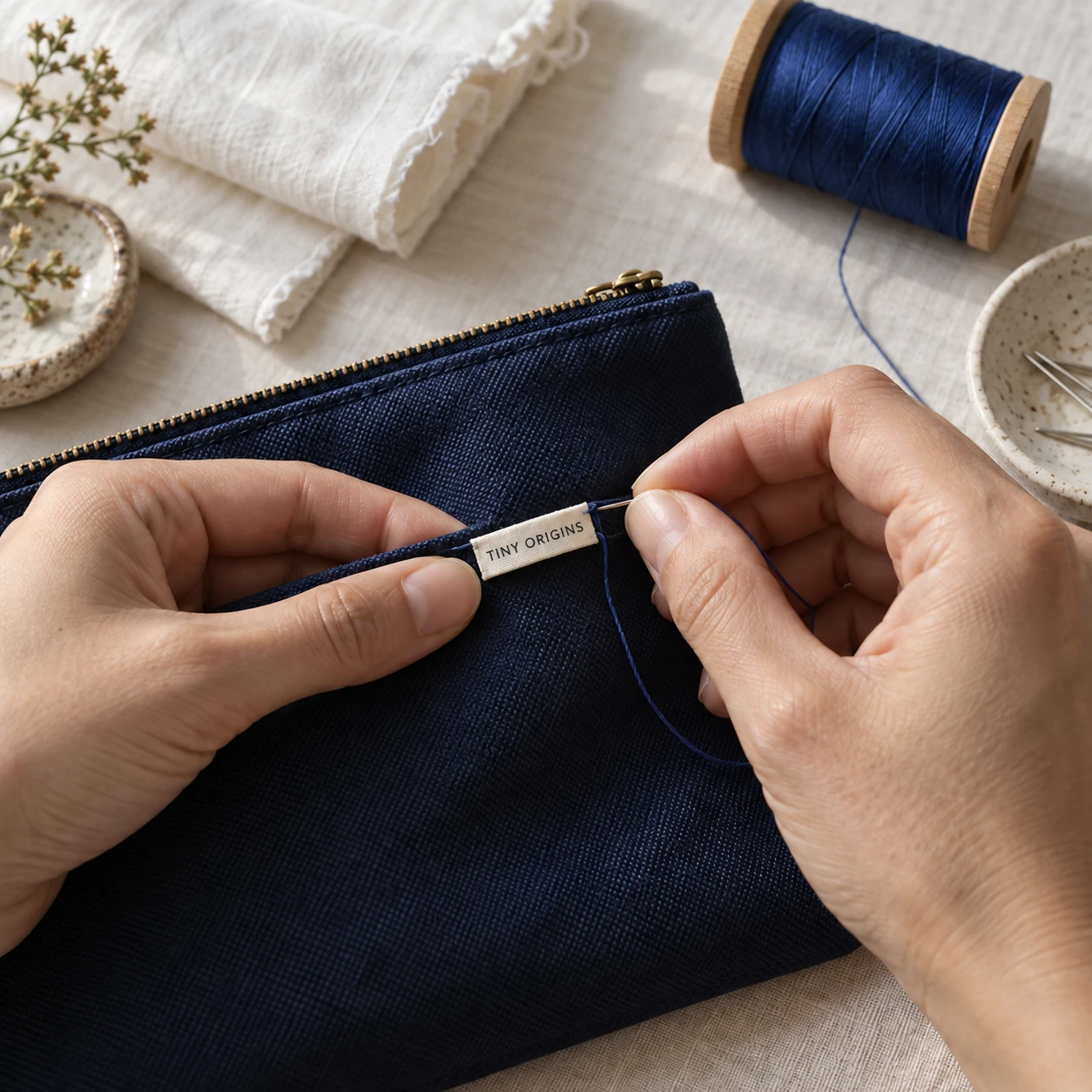 Concept photograph of a handmade pouch with a woven label