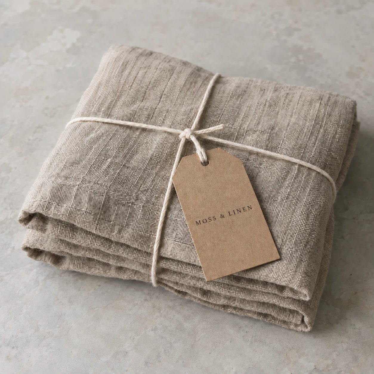 Concept photograph of a kraft hangtag on natural fabric