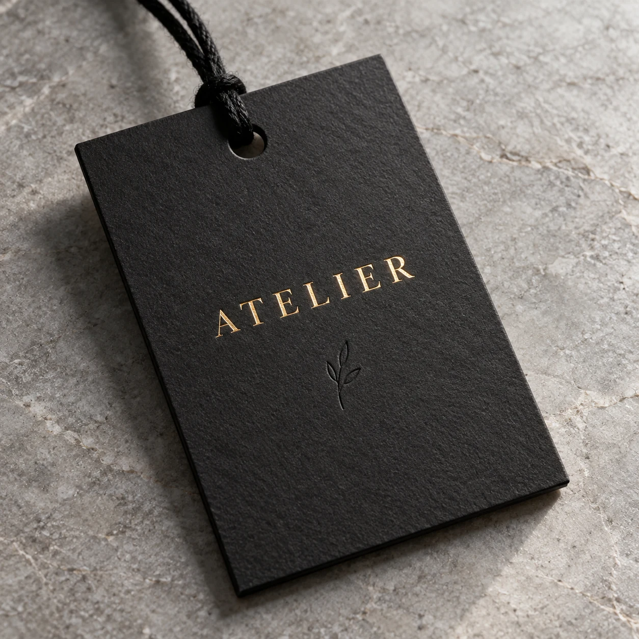 Concept photograph of a premium hangtag with foil lettering